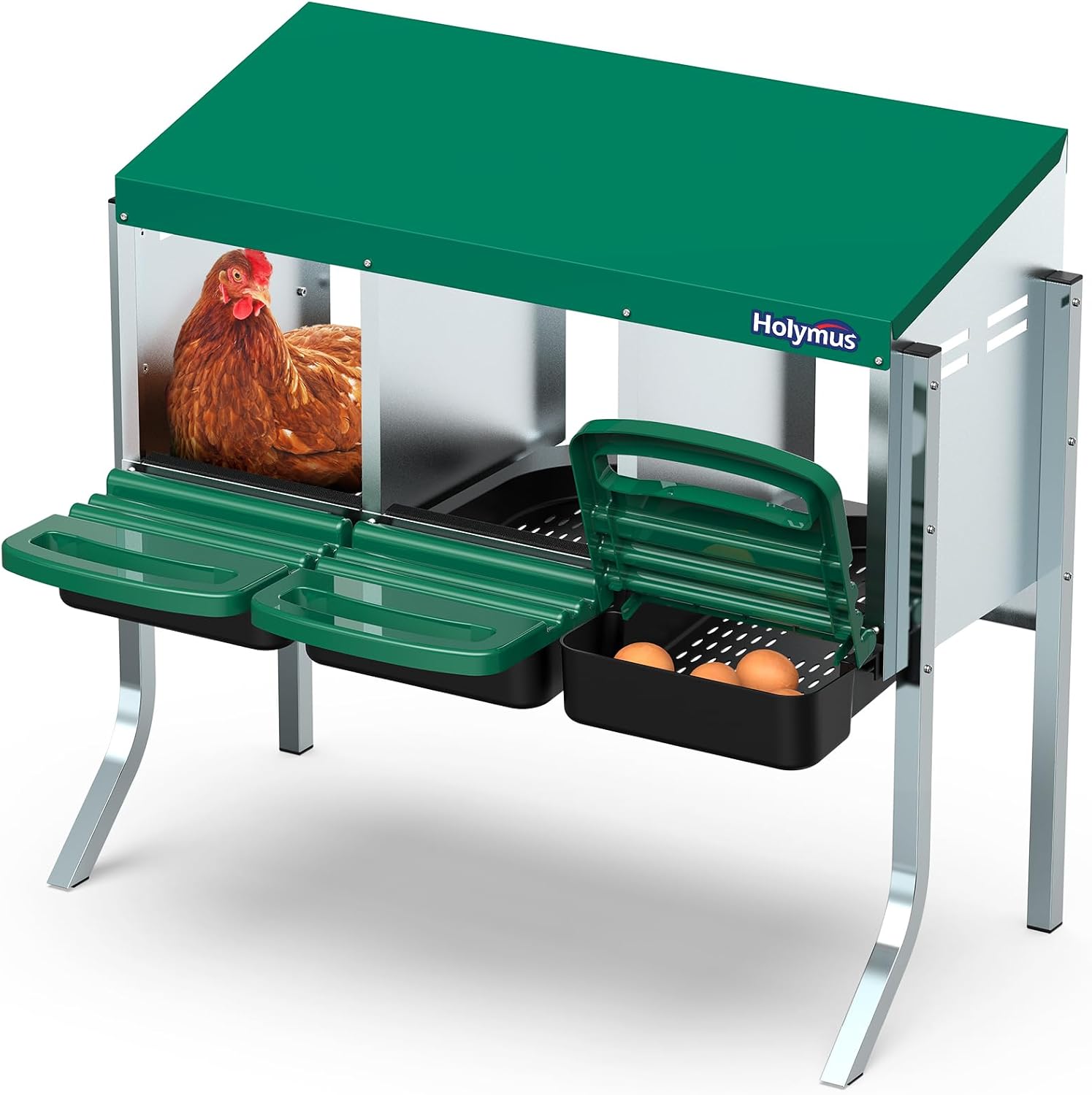 Chicken Nesting Box with Metal Legs, 3 Holes Nesting Boxes for Chickens, Roll Away Chicken Nest Box, Green