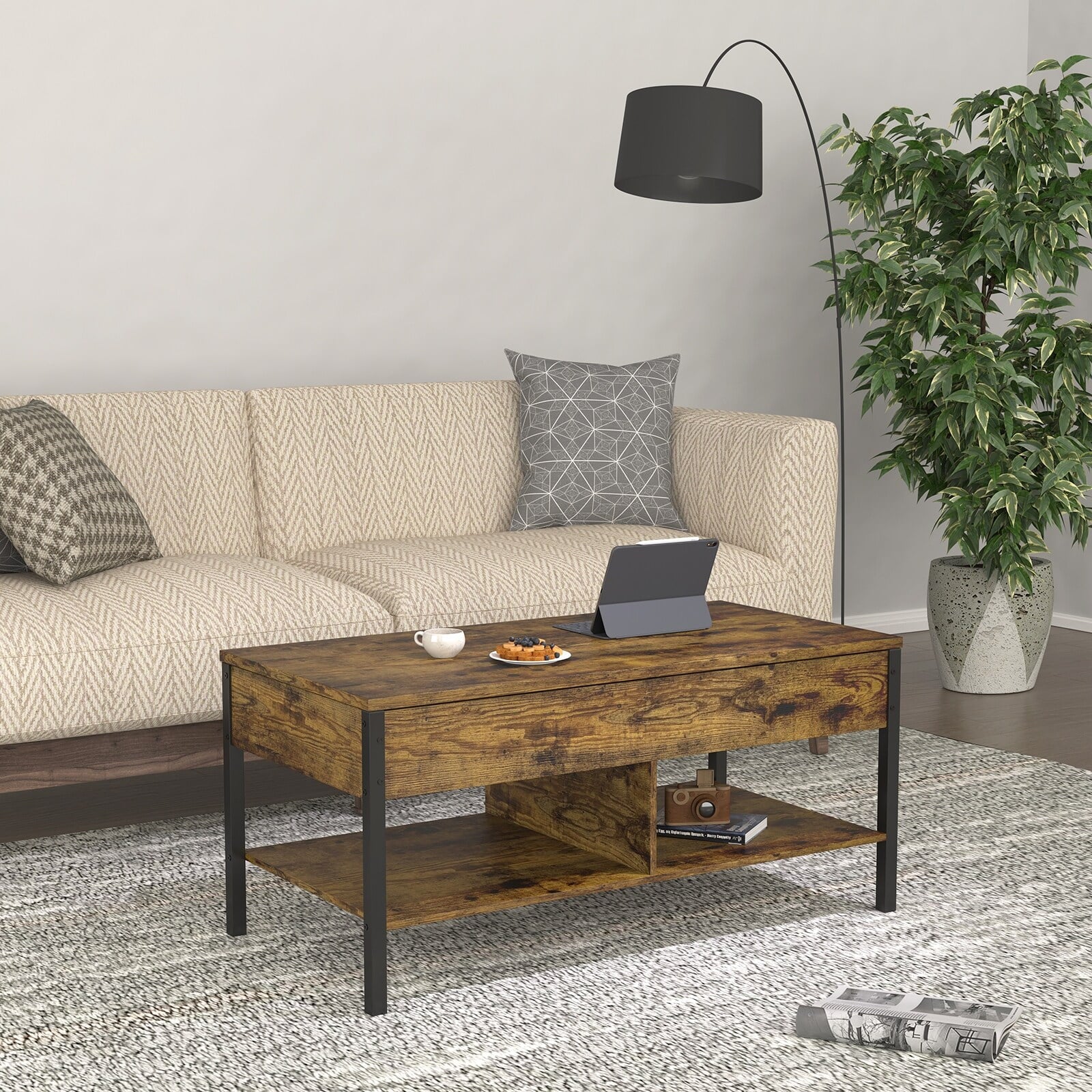 LivEditor Lift Top Coffee Table with Hidden Storage Brown P193636