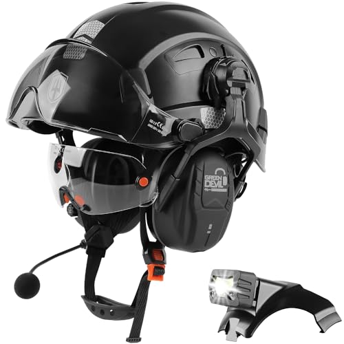 GREEN DEVIL Hard Hat Safety Helmet with Visor Bluetooth Ear Muffs and Headlamp P578156
