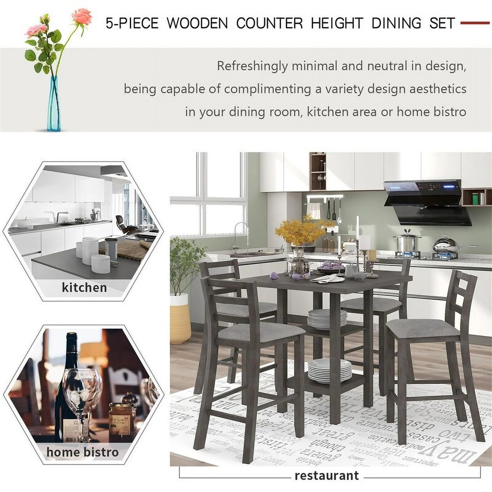 Rustic Square Dining Table Set of 4 with Upholstered Chairs Espresso U969