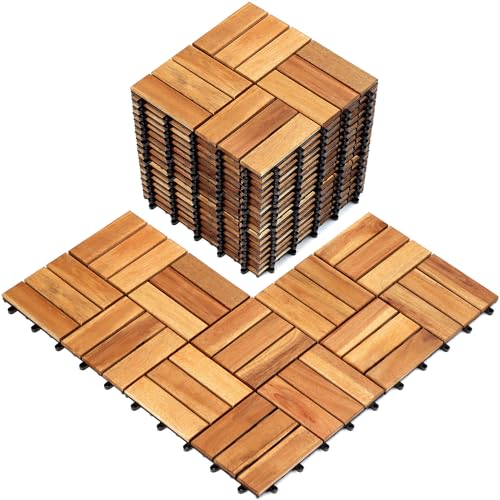 Pack of 20 Deck Tiles, Solid Acacia Wood Floor Tiles, Patio Tiles Outdoor Interlocking Waterproof All Weather (12"x12" - 12 Slat, Golden Teak, 20)