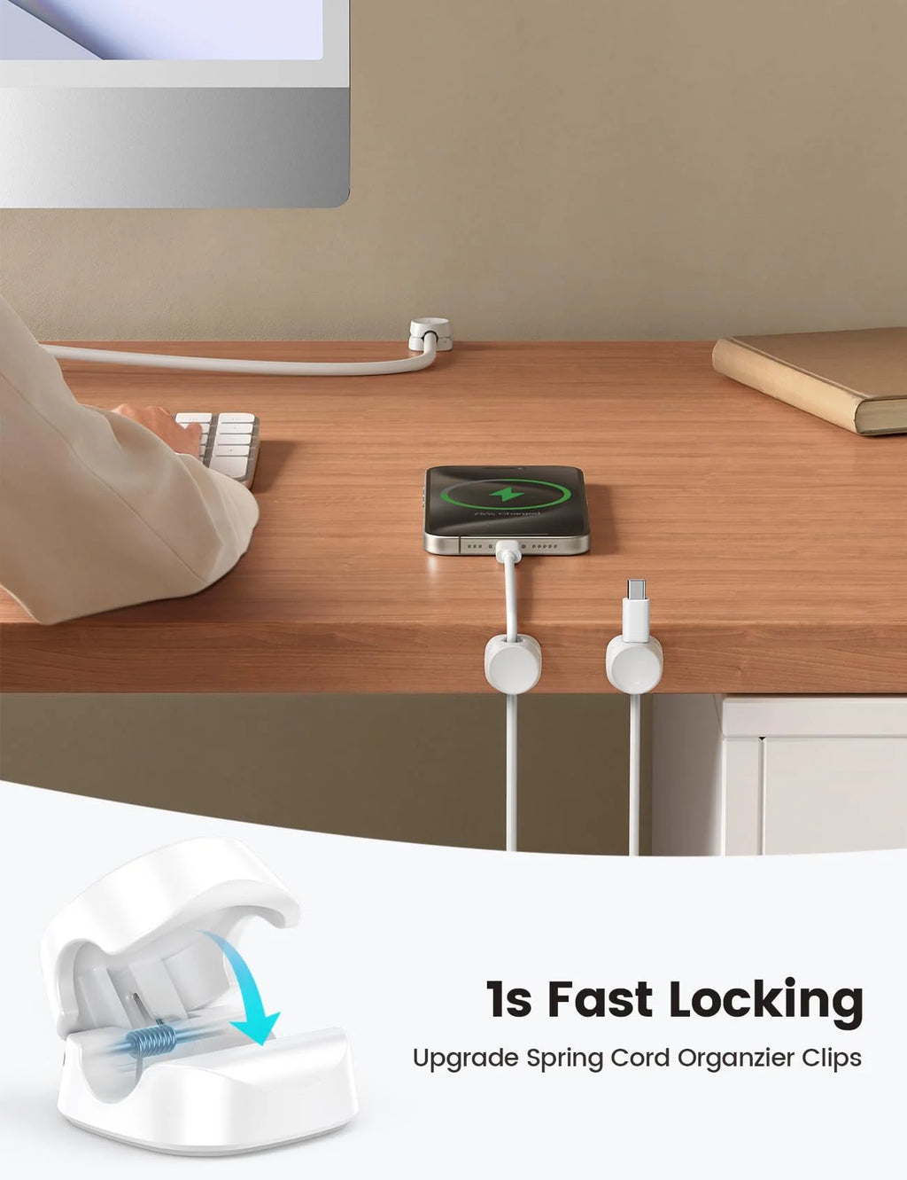 White Desk Cord Holder Cable Clip Organizer T1145