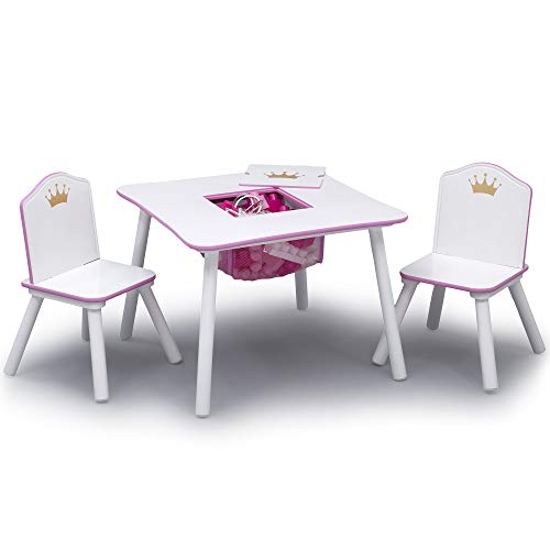 Delta Children Princess Crown Kids Wood Table and Chair Set with Storage, White/Pink K3028
