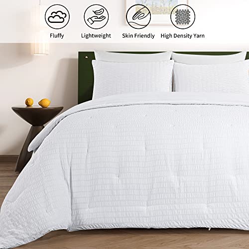 HOMBYS Oversized King Seersucker Comforter Set 128x120, White, 3 Piece D1747