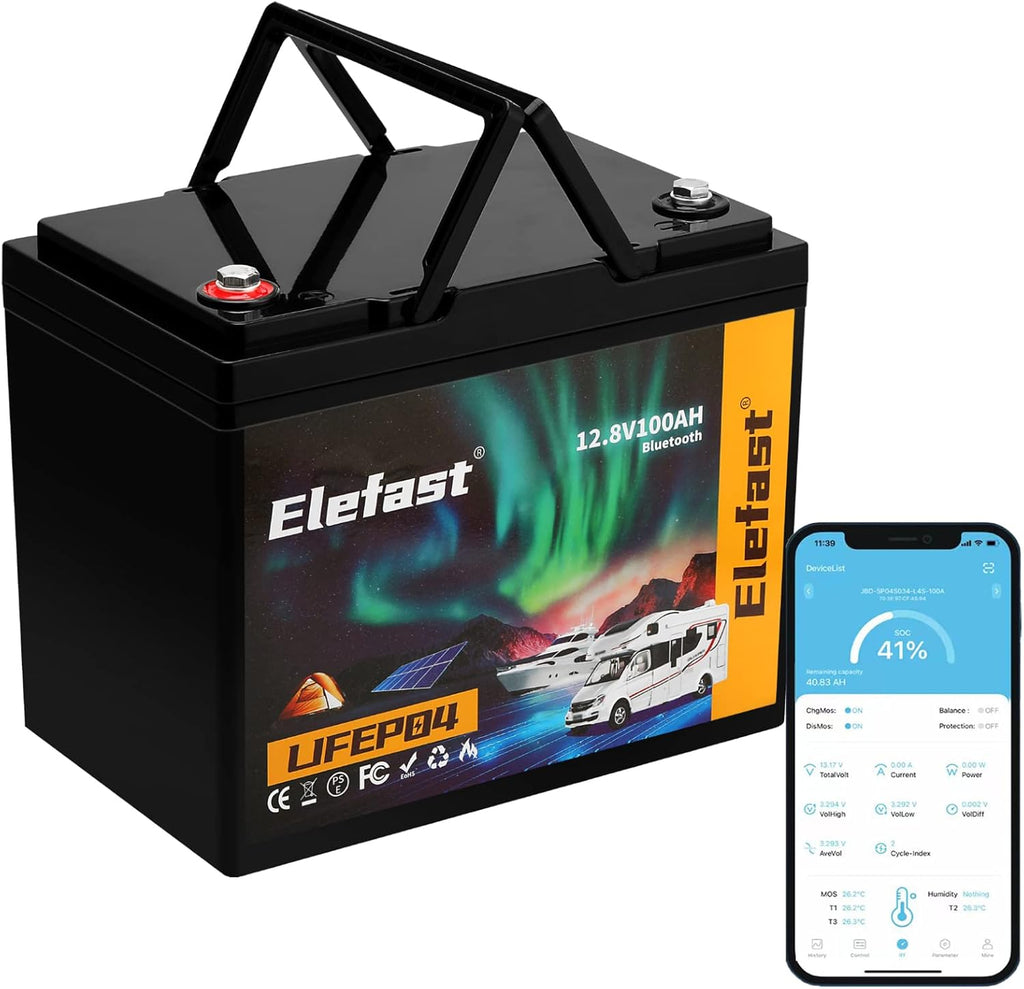 Elefast 12V 100Ah Bluetooth LiFePO4 Lithium Battery, BCI Group 24,Low Temperature Protection Up to 20000 Cycles, 1280Wh Energy LiFePO4 Battery in Small Size, Perfect for RV, Solar, Trolling Motor