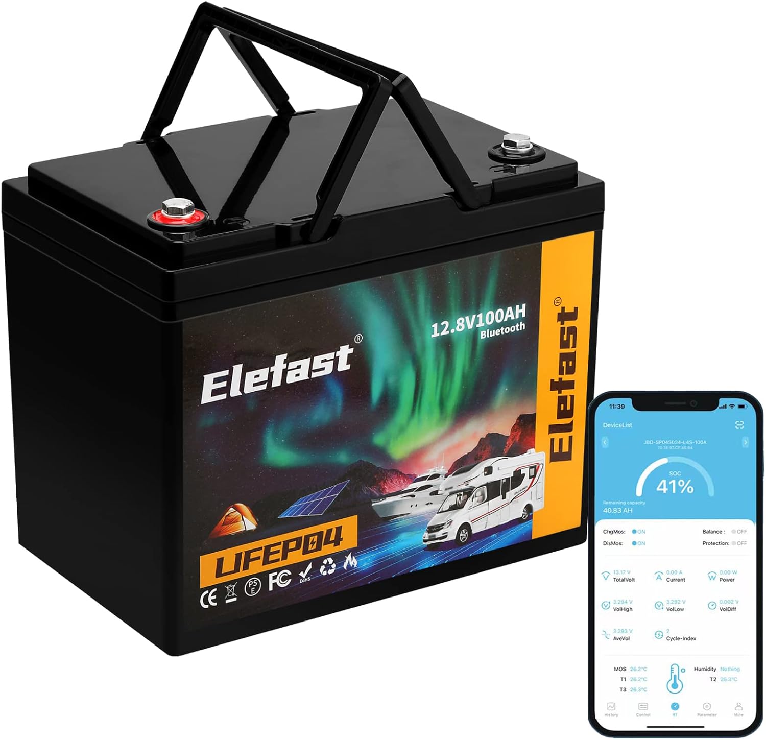 Elefast 12V 100Ah Bluetooth LiFePO4 Lithium Battery, BCI Group 24,Low Temperature Protection Up to 20000 Cycles, 1280Wh Energy LiFePO4 Battery in Small Size, Perfect for RV, Solar, Trolling Motor