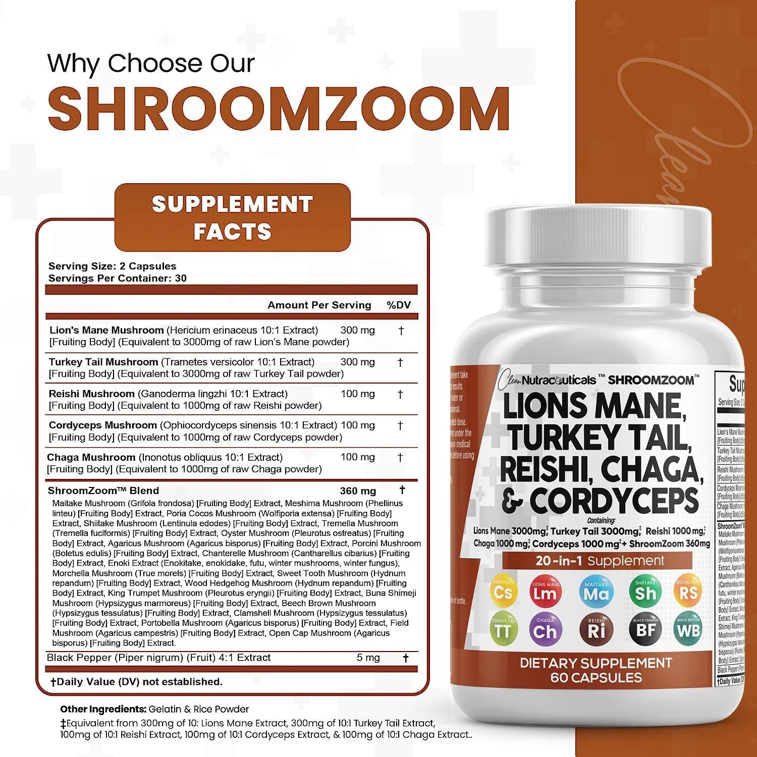 Lions Mane 3000mg 20in1 Mushroom Supplement with Turkey Tail, 60 Count N93354