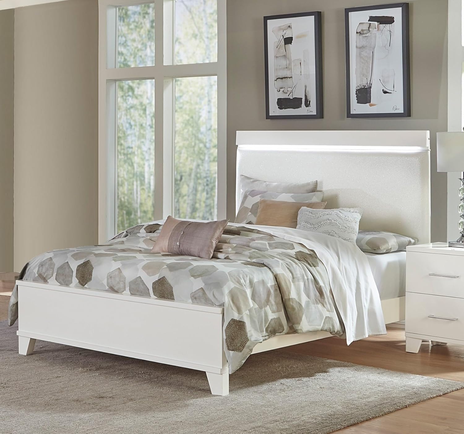 White High Gloss Finish Modern Full Bed 1pc Light Headboard Faux Leather Upholstered Wooden Furniture,Beds, Frames & Bases-1072