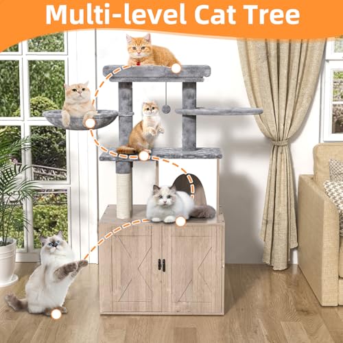 Litter Box Enclosure with Cat Tree and Scratching Post, Grey F704146