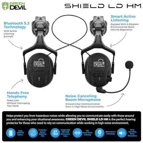 GREEN DEVIL Hard Hat Safety Helmet with Visor Bluetooth Ear Muffs and Headlamp P578156