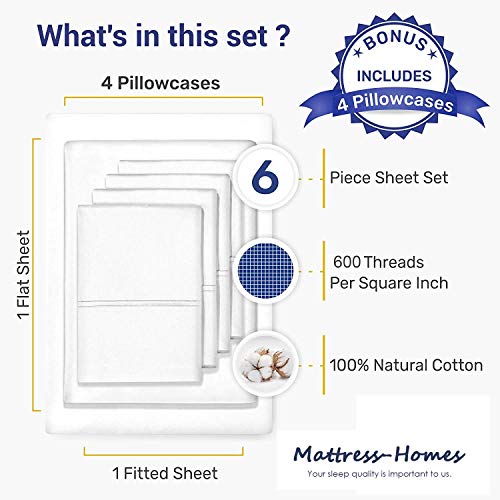 6 Piece Queen Sheet Set Egyptian Cotton 600 Thread Count White N7903