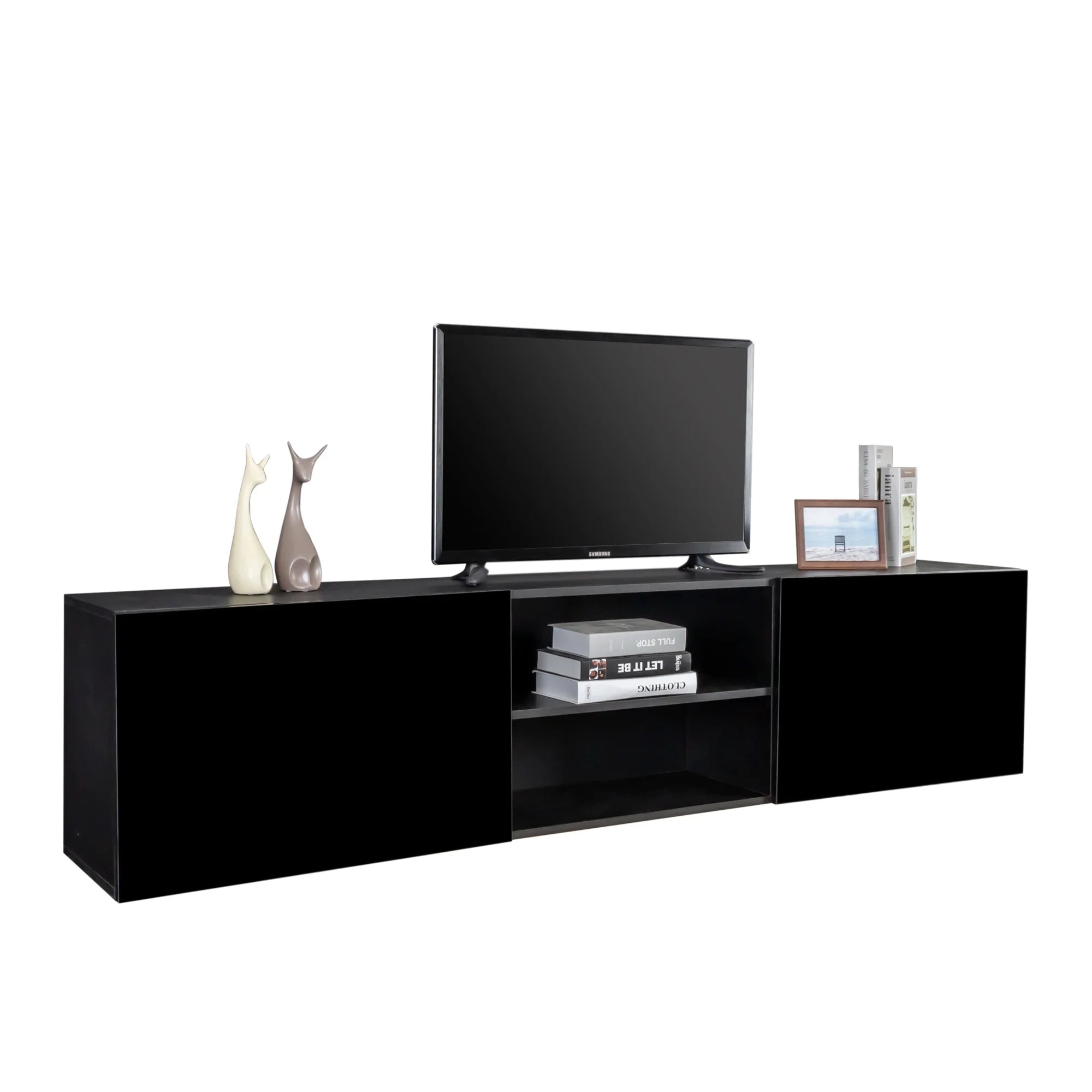 Floating TV Stand with Shelf and Clamshell Doors, High Gloss B46123