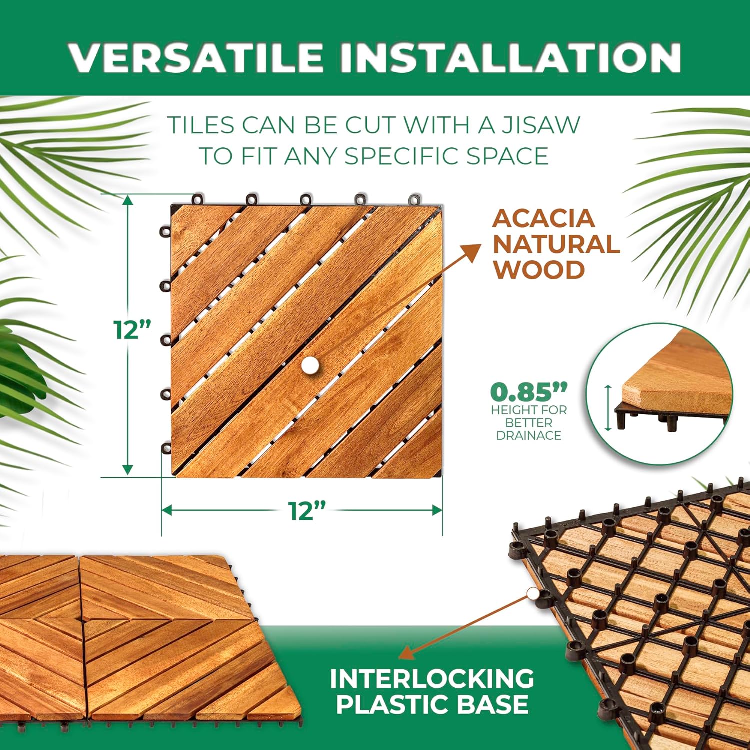 Interlocking Deck Tile 12"x12" Pack of 10 Acacia Hardwood Golden Teak R165