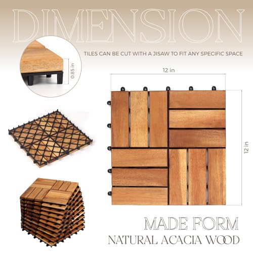 20 Pack Solid Acacia Wood Deck Tiles, Interlocking Outdoor Patio Flooring, 12"x12" Golden Teak Z91235