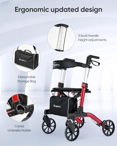 Rollator Walker with Seat, Foldable Aluminum, Height Adjustable, 8" Wheels for Seniors (Red) K5683