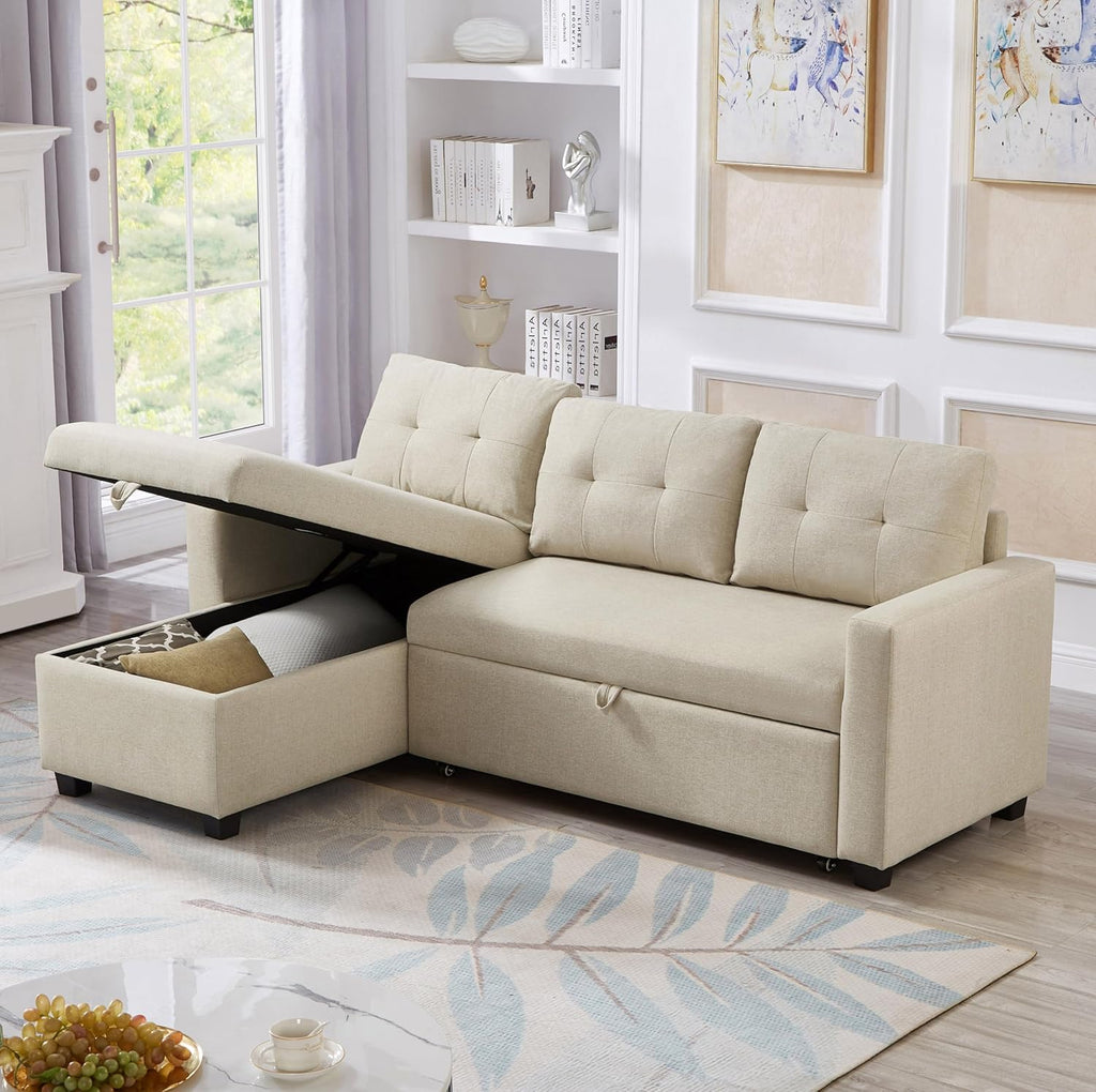 81.5" Convertible Sofa Sectional L-Shape Sleeper Storage Chaise&Pull-Out Bed,Upholstered Reversible Corner Couches for Living Room, Apartment, Small Spaces, Office, Dorm, 81.5inch, Beige