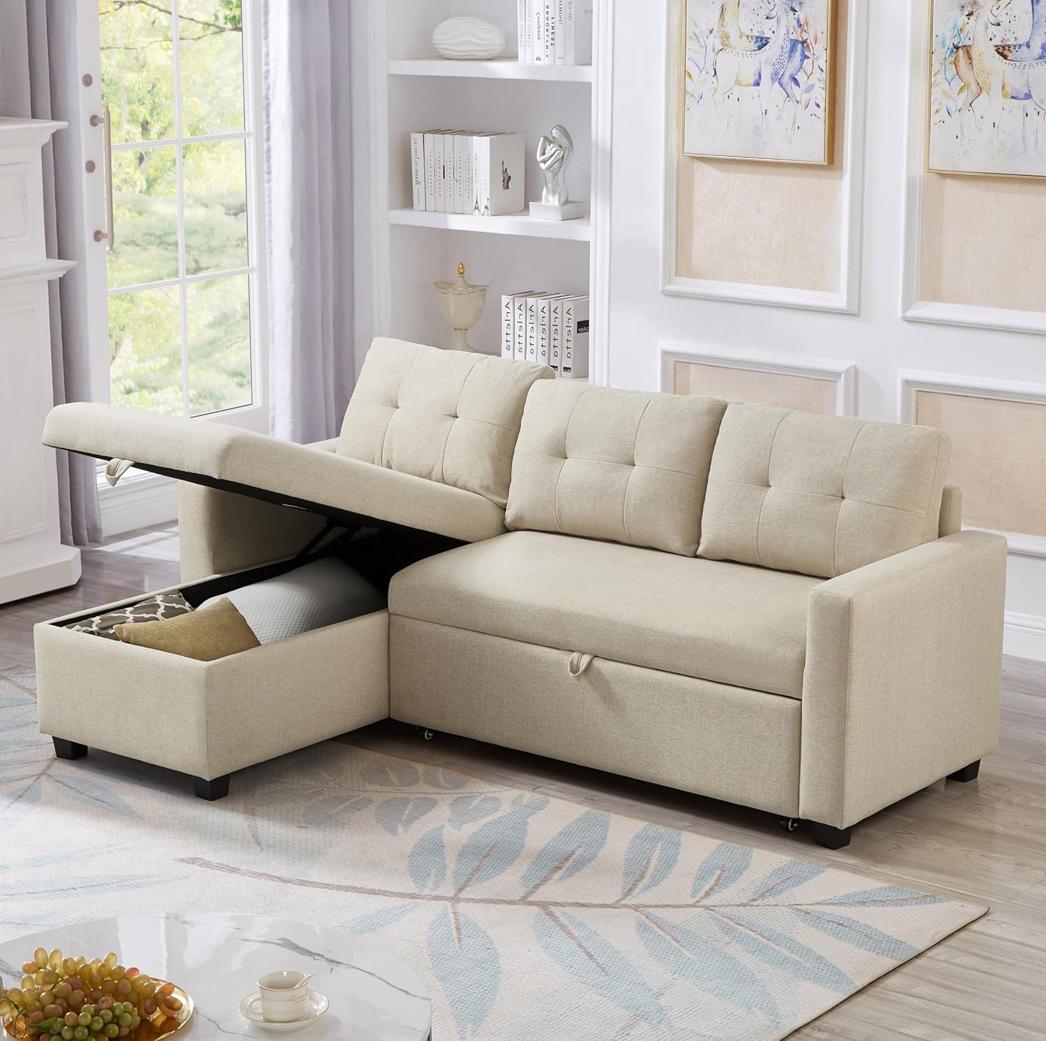 81.5" Convertible Sofa Sectional L-Shape Sleeper Storage Chaise&Pull-Out Bed,Upholstered Reversible Corner Couches for Living Room, Apartment, Small Spaces, Office, Dorm, 81.5inch, Beige