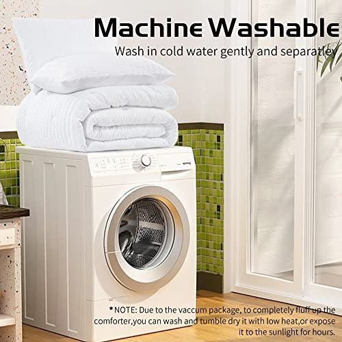 HOMBYS Oversized King Seersucker Comforter Set 128x120, White, 3 Piece D1747
