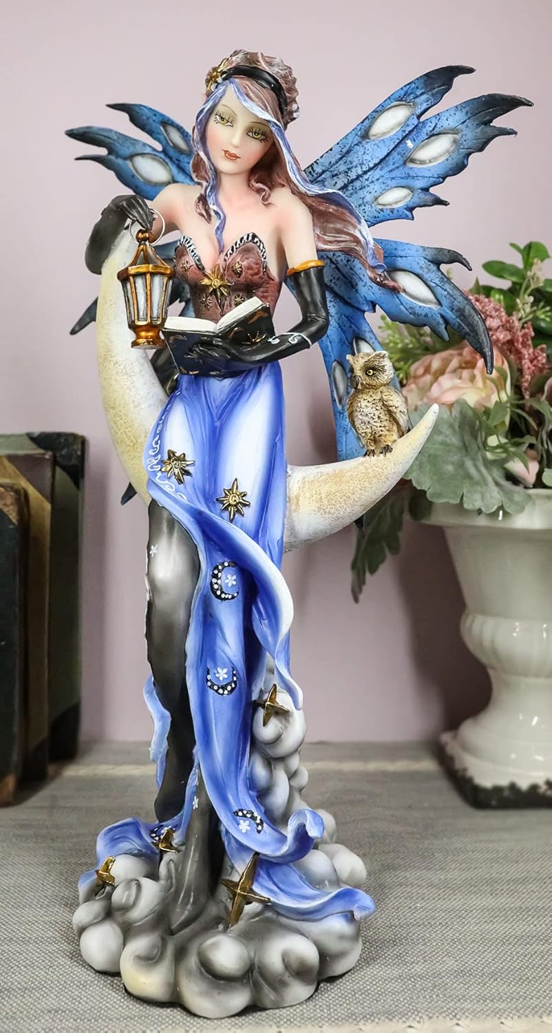 Ebros Celestial Bookworm Fairy Lantern Owl Crescent Moon Statue 14" Collectible Figurine A150