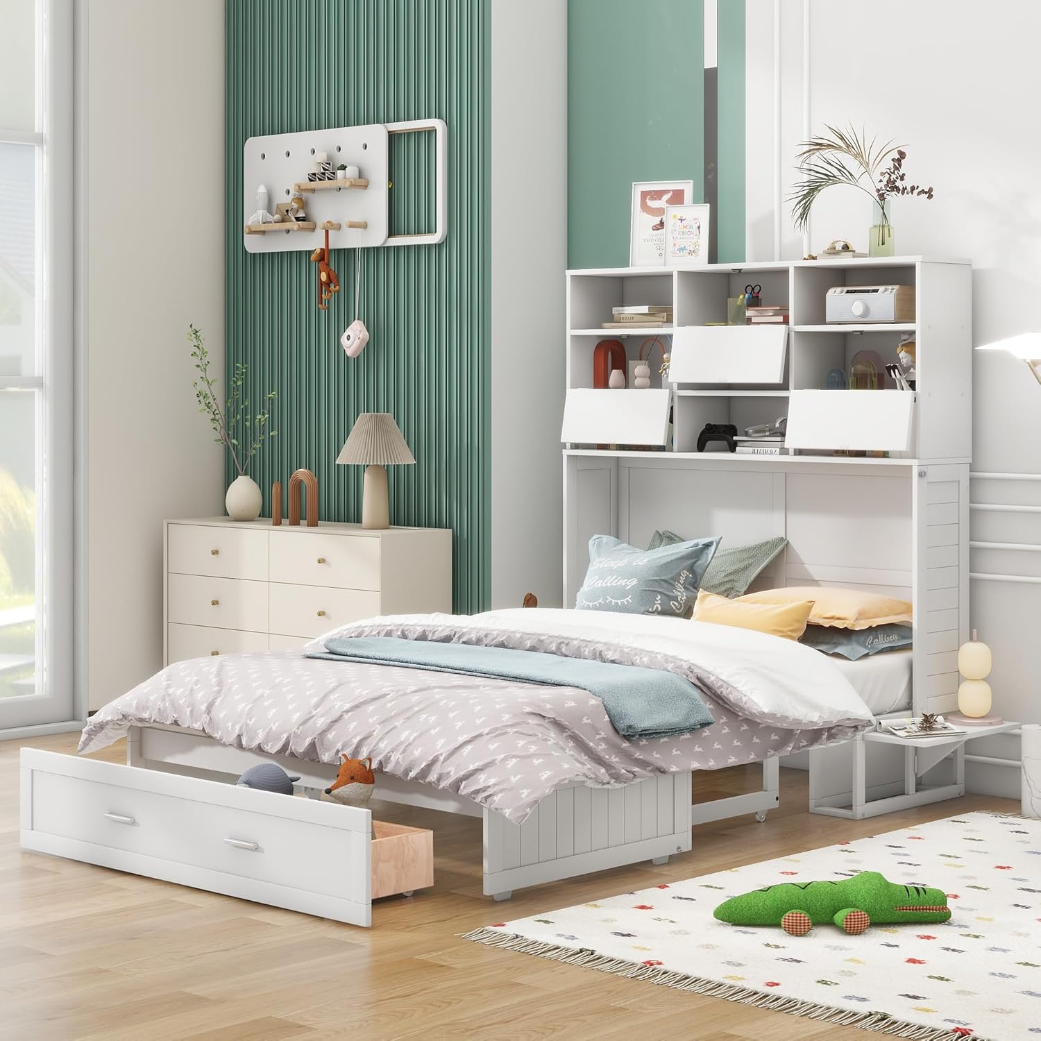 Queen Size Murphy Bed with Bookcase and Drawer, White S41953