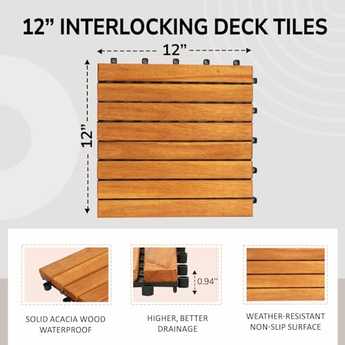 Interlocking Acacia Wood Deck Tiles 12"x12" (10PCS) for Indoor Outdoor Patio A2520