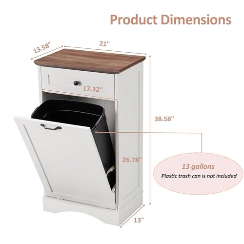 Tilt Out Trash Can Cabinet Freestanding Wood Garbage Recycling Cabinet with Hideaway Drawer, White C828