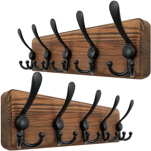 WEBI Coat Rack Wall Mounted,Wood Coat Hooks Wall Mounted,16" Hole to Hole,Wall Coat Hanger Rustic Hook Rack Rail,5 Triple Hooks for Hanging Coats,Hats,Jacket,Clothes,Entryway,Black,2 Packs