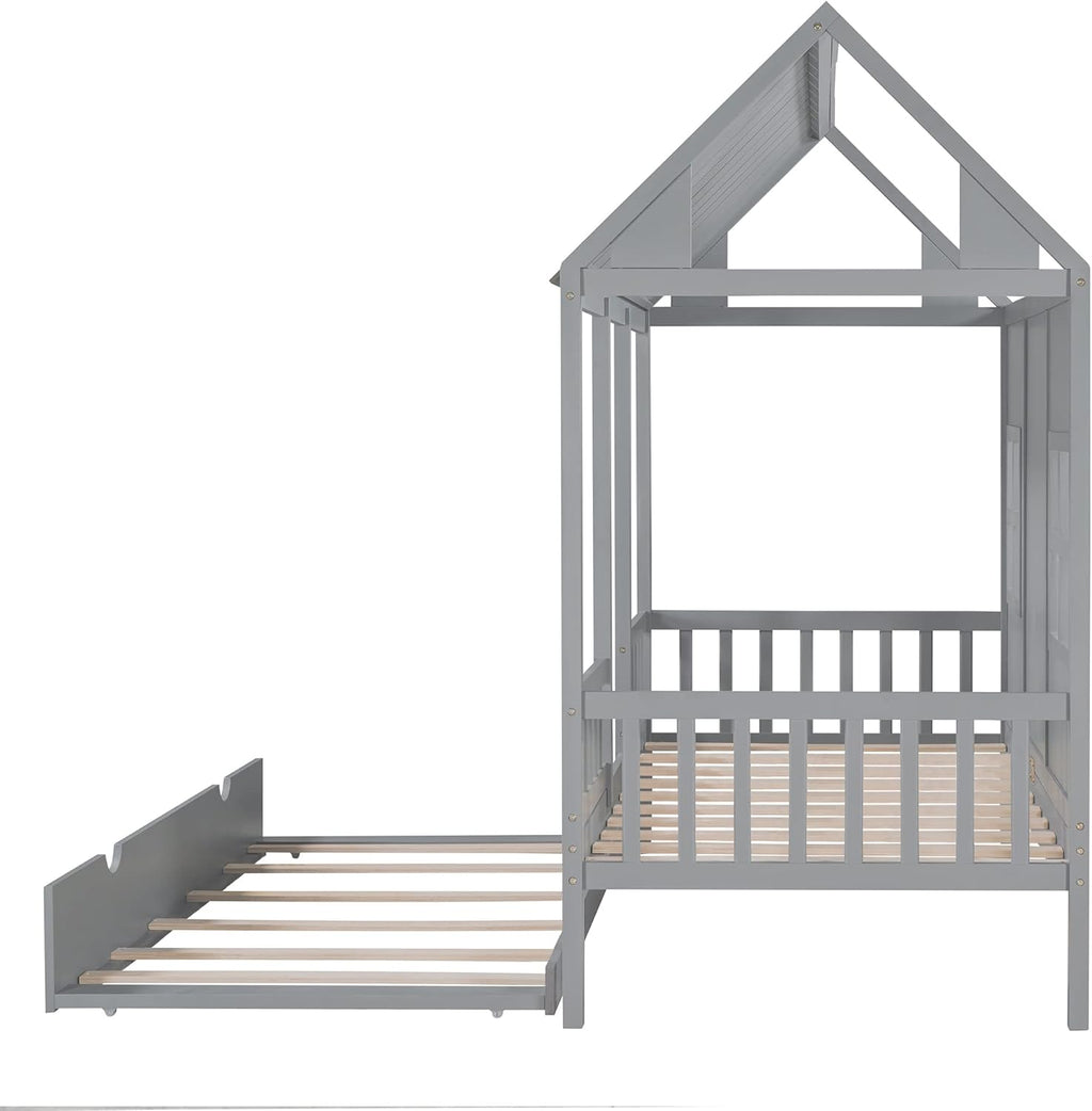 Twin Size House Bed with Trundle and Guardrails, Gray J325