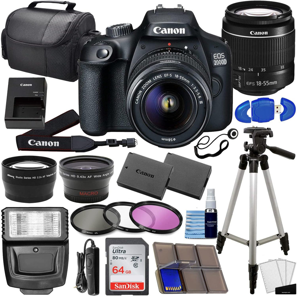 Canon EOS 2000D (Rebel T7) DSLR Camera with EF-S 18-55mm f/3.5-5.6 DC III Lens 3 Kit Bundled Complete Photo Bundle + 64GB Card Extra Battery 3PC Filter More (Renewed) Black