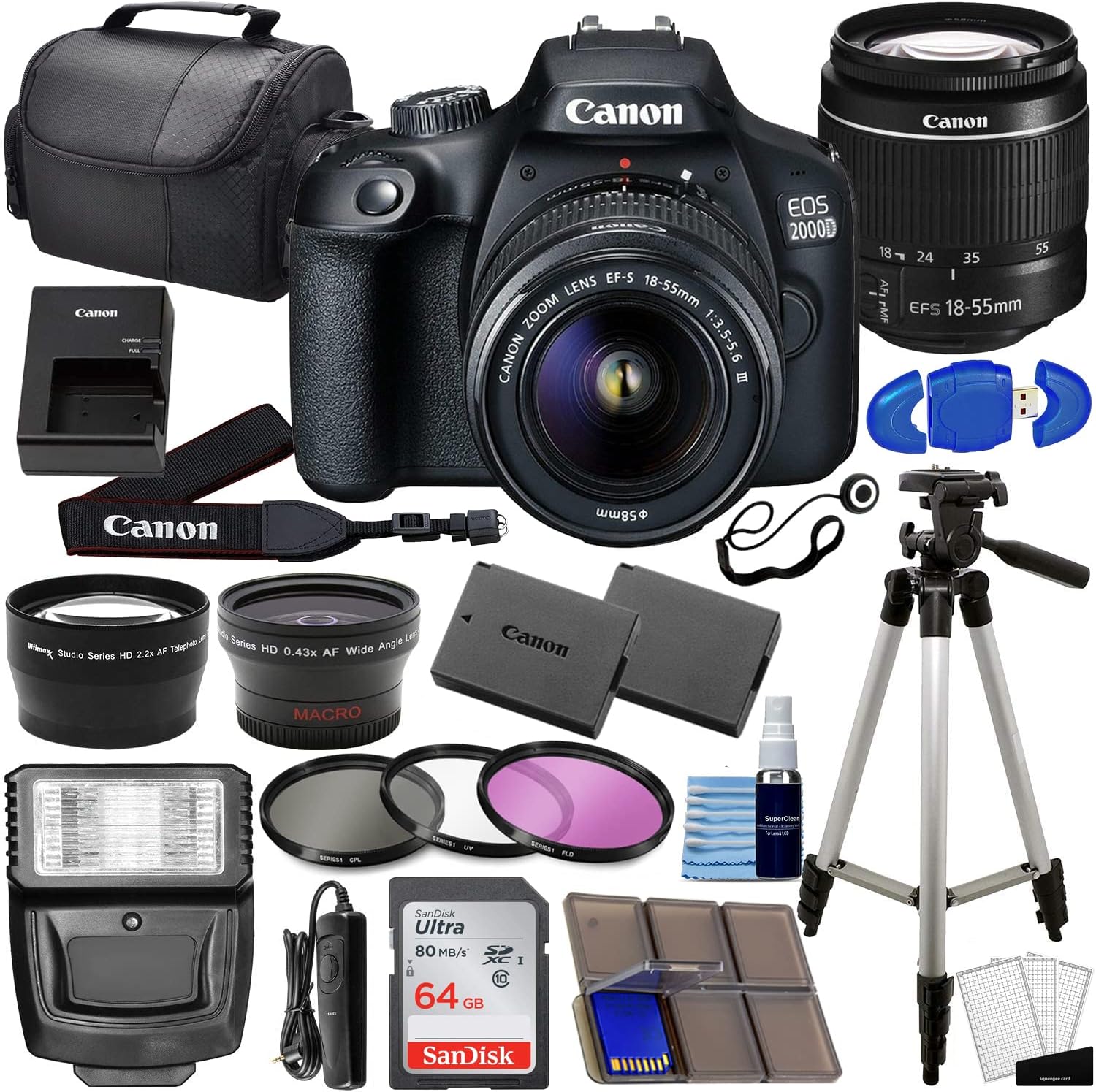 Canon EOS 2000D (Rebel T7) DSLR Camera with EF-S 18-55mm f/3.5-5.6 DC III Lens 3 Kit Bundled Complete Photo Bundle + 64GB Card Extra Battery 3PC Filter More (Renewed) Black