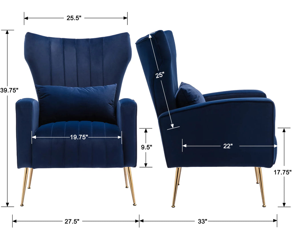 Guyou Velvet Accent Chair, Modern Wingback Armchair with Metal Legs, Navy E69187