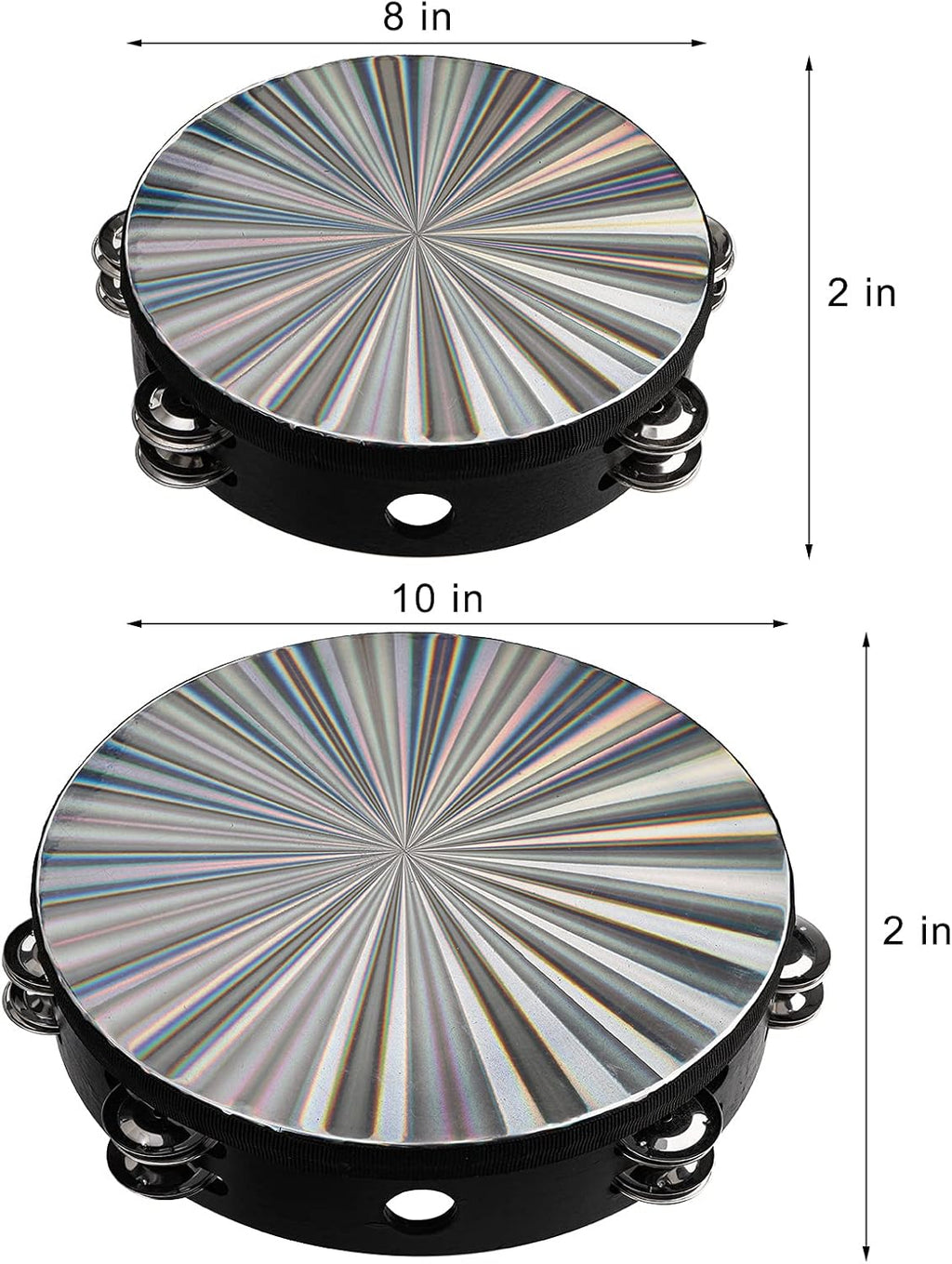 YOUEON 2 Pack Radiant Tambourine with Double Row Jingles, 8/10 Inch Wood Hand Drum H389