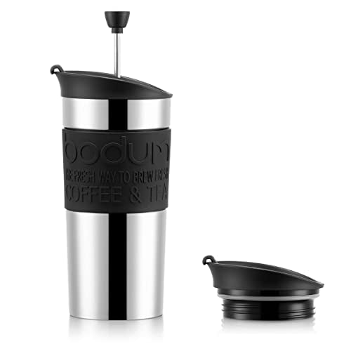 Bodum Travel French Press Coffee Maker Set, Stainless Steel with Extra Lid, Vacuum, 0.35 L/12 oz, White