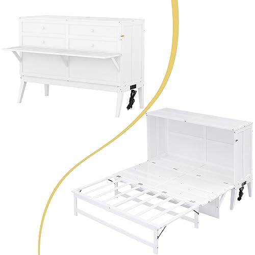 SOFTSEA Queen Murphy Bed with Bookcase and Storage Drawer, White Q562533
