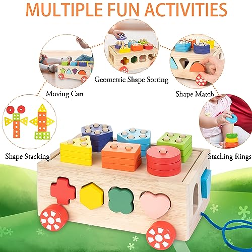 Bravmate Montessori Toys for 1 Year Old, Wooden Shape Sorter Stacking Rings, Pull Along Educational Toy J81872