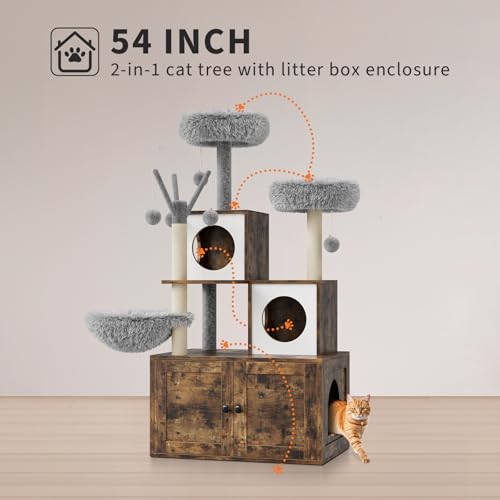 57.5-Inch Cat Tree with Litter Box Enclosure, Oak Brown D61275
