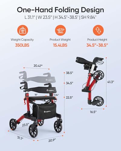 Rollator Walker with Seat, Foldable Aluminum, Height Adjustable, 8" Wheels for Seniors (Red) K5683