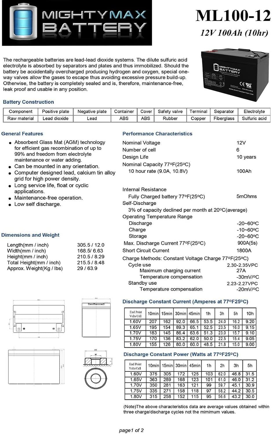 Mighty Max Battery 12V 100Ah SLA AGM Battery for Solar W308