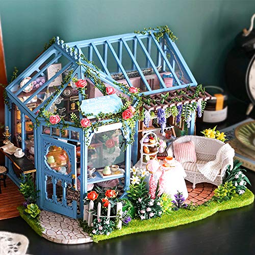 CUTEBEE Dollhouse Miniature Kit with Furniture, 1:24 Scale Rose Garden Tea House U9101