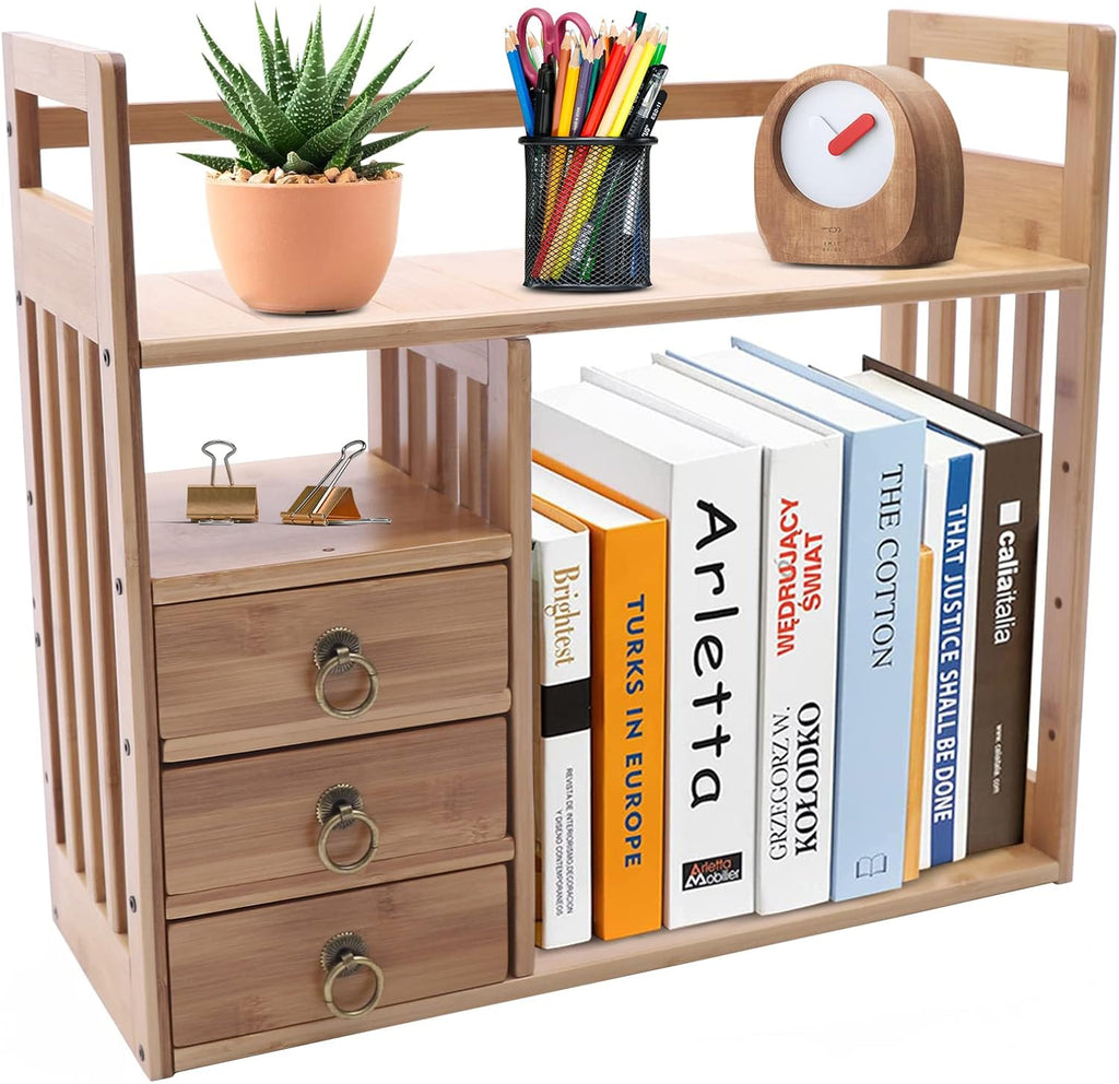 Bamboo Desk Shelf Organizer with 3 Drawers, Natural V13178
