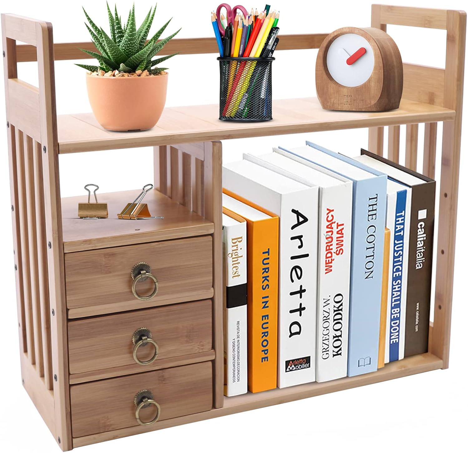 Bamboo Desk Shelf Organizer with 3 Drawers, Natural V13178