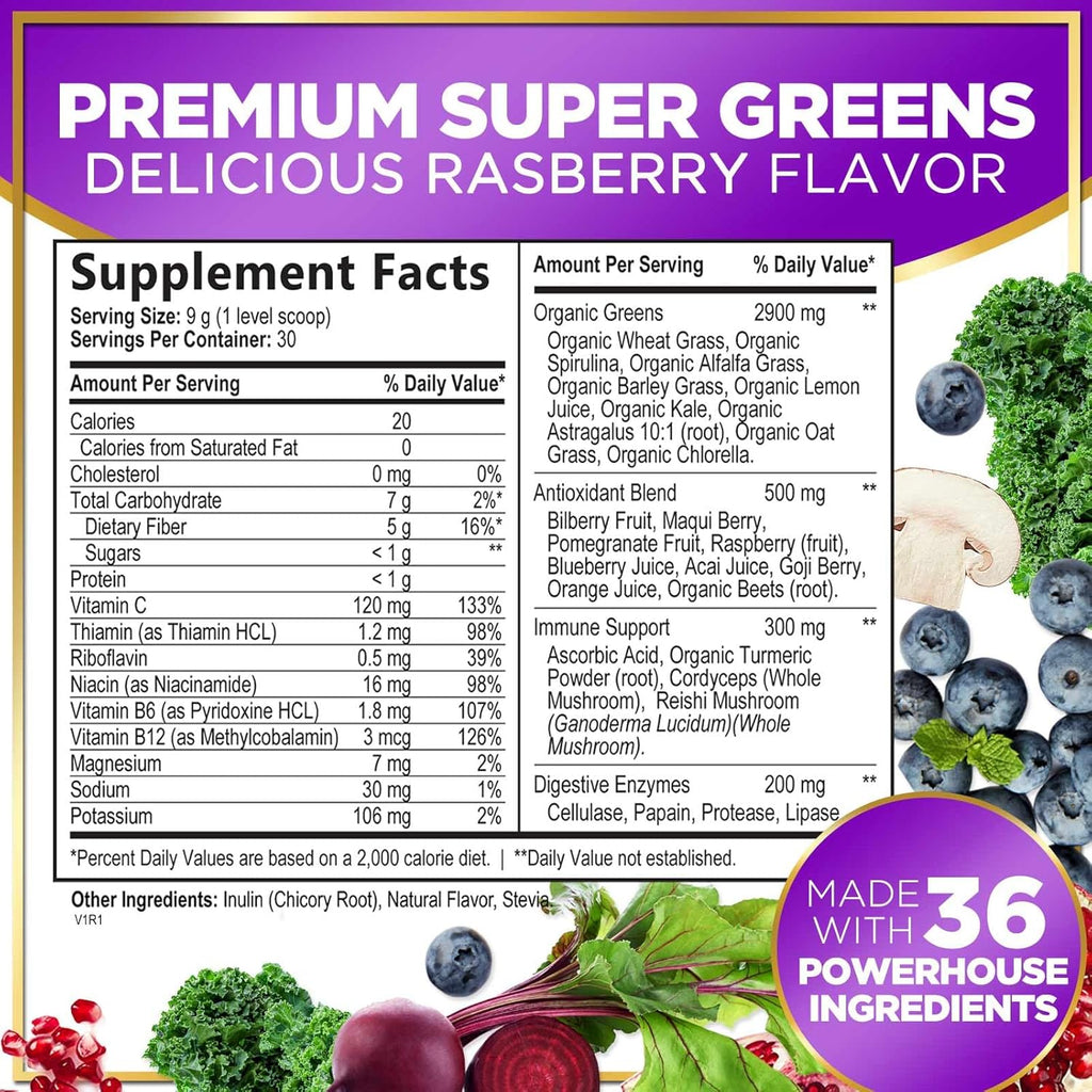 Super Greens Powder with Spirulina, Chlorella & Digestive Enzymes, Vegan, 30 Servings Y753