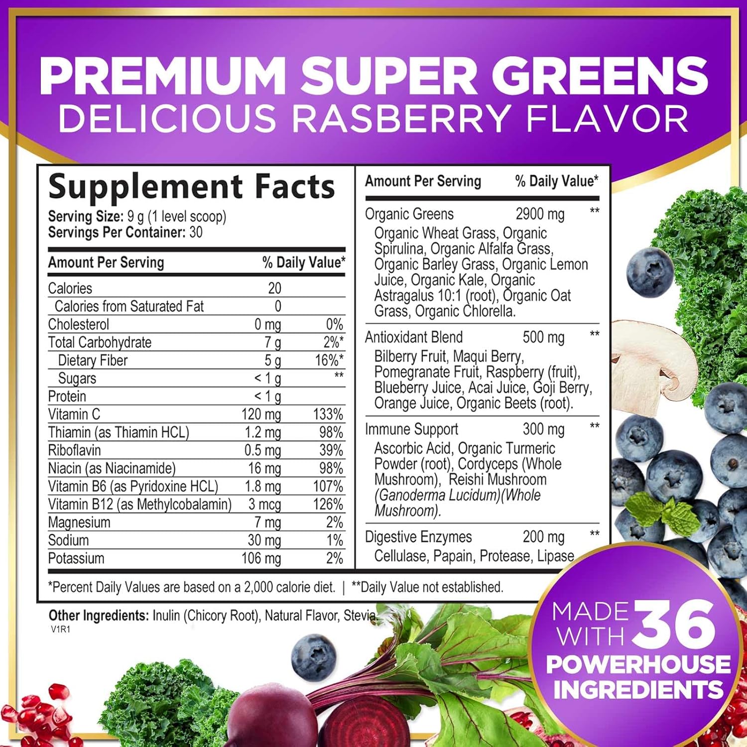 Super Greens Powder with Spirulina, Chlorella & Digestive Enzymes, Vegan, 30 Servings Y753