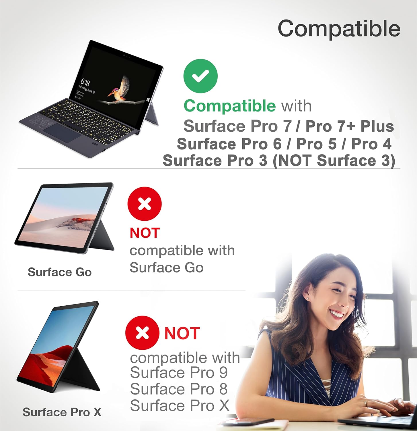 Wireless Keyboard Type Cover with Trackpad for Microsoft Surface Pro 7 6 5 4 3 W933743