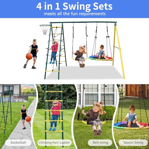 Metal Swing Set for Kids 3-12 with 2 Swings, Glider & Climbing Ladder K392