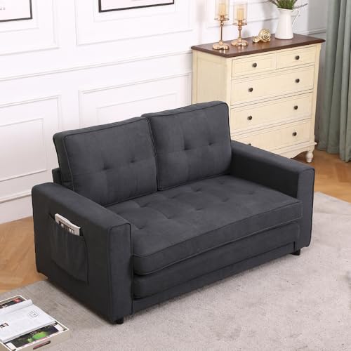 3 in 1 Upholstered Convertible Futon Sofa Bed with Side Pockets, Dark Grey Q88099