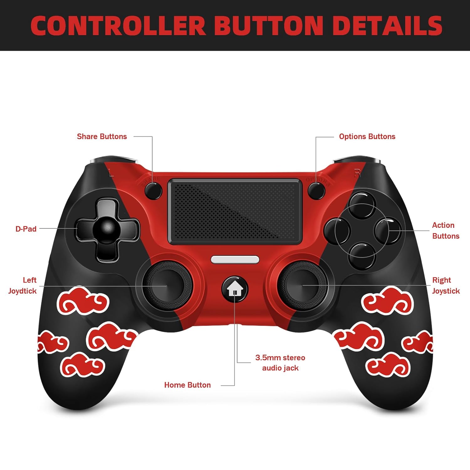 FTFVaska Wireless Controller for PS4, Red Cloudy Z831683