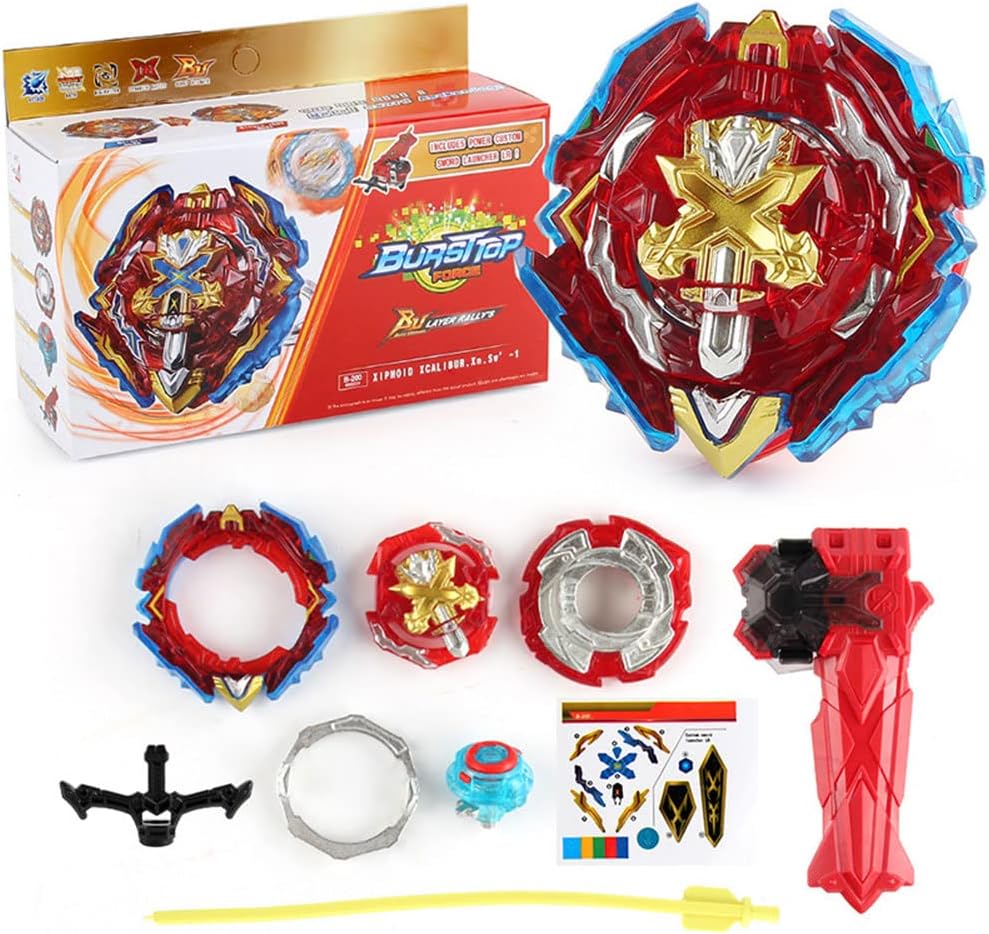 Bey Battling Launcher Set B-200 Xiphoid Xcalibur Xanthus Burst, Left and Right Spin Sword Ripcord, Red G615904