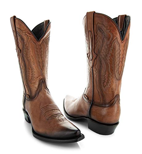 Soto Boots Mens Burnished Snip Toe Cowboy Boots, Genuine Leather Men's Cowboy Boots, Tan Western Boots For Men H50030