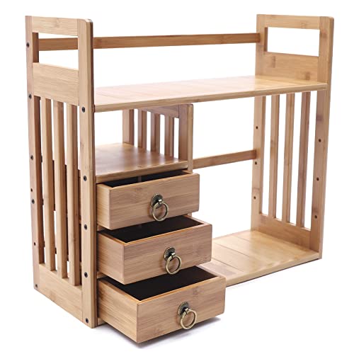 Bamboo Desktop Bookshelf with 3 Drawers, Nut-Brown B80264